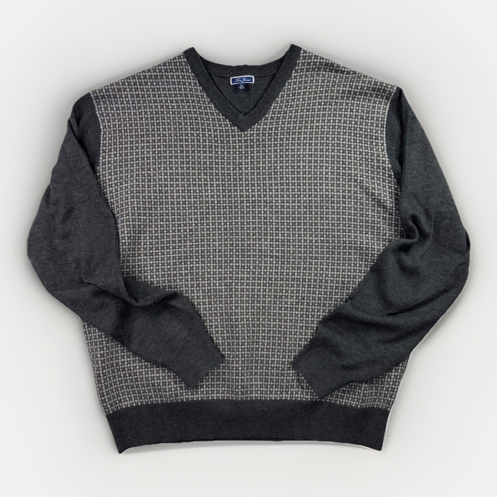 Tom James V-Neck Sweater Mens XL Gray Houndstooth Excellent Merino Wool Blend